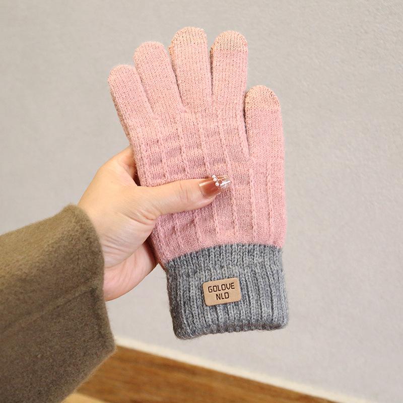 Camel Wool Knitted Gloves Women's Autumn and Winter Warm Outdoor Antifreeze Full Finger Gloves Piled and Thickened
