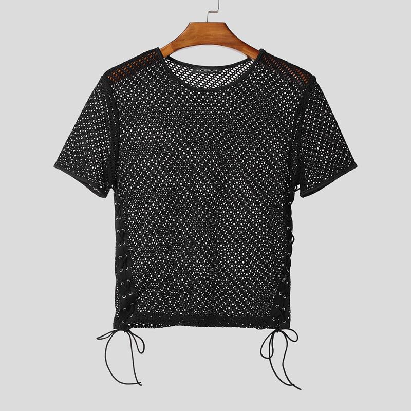 

INCERUN Men Short Sleeve Mesh Sheer Bandage See Through Party Short T-shirts Tee 2XL чёрный