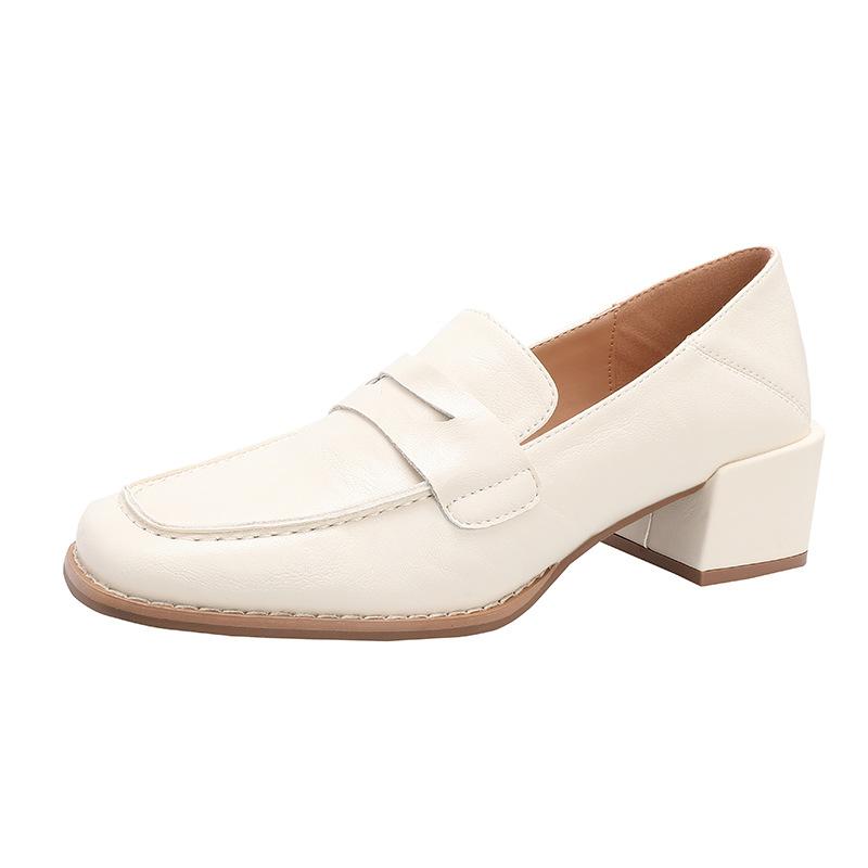 Retro Loafers Myke Skinn Hæler Toveissko Collegestil Små Skinnsko Slip-on Sko for Kvinner Tykke Hæler Høye Hæler