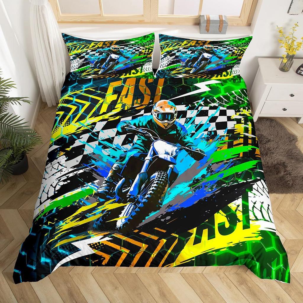 Off-Road Motorcycle Rider Three-Piece Quilt Cover 3D Digital Printing Bedding Set Bed Cover