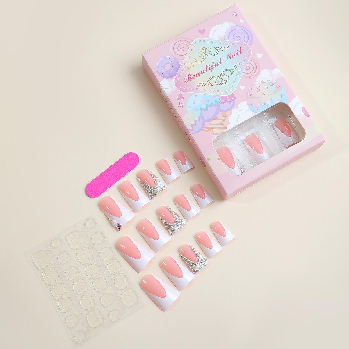 

European & American Duckbill Style Wearable Flower Fake Nails with Rhinestones