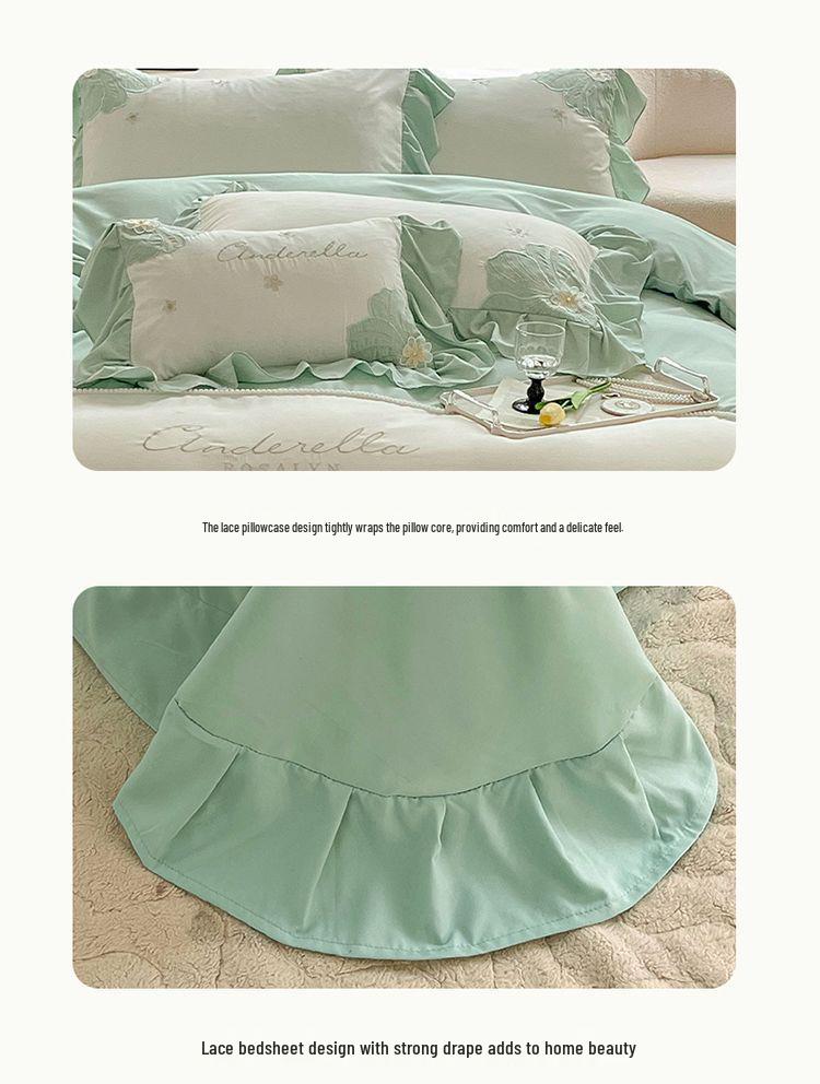 G5Z Koreanisches Prinzessinnen-Sonnenblumen-Stickbettwäsche-Set - Große Bettbezug & Spannbettlaken, Mädchenhaftes Vierteiliges Set