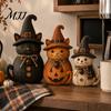Rustic Pumpkin Figurine Sets 3Pcs Halloween Witch Cat Dog Statues, Resin Farmhouse Seasonal Home Soft Furnishings Ornaments for Autumn Thanksgiving,