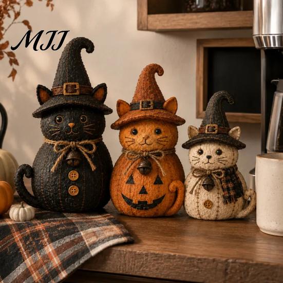 Rustic Pumpkin Figurine Sets 3Pcs Halloween Witch Cat Dog Statues, Resin Farmhouse Seasonal Home Soft Furnishings Ornaments for Autumn Thanksgiving,
