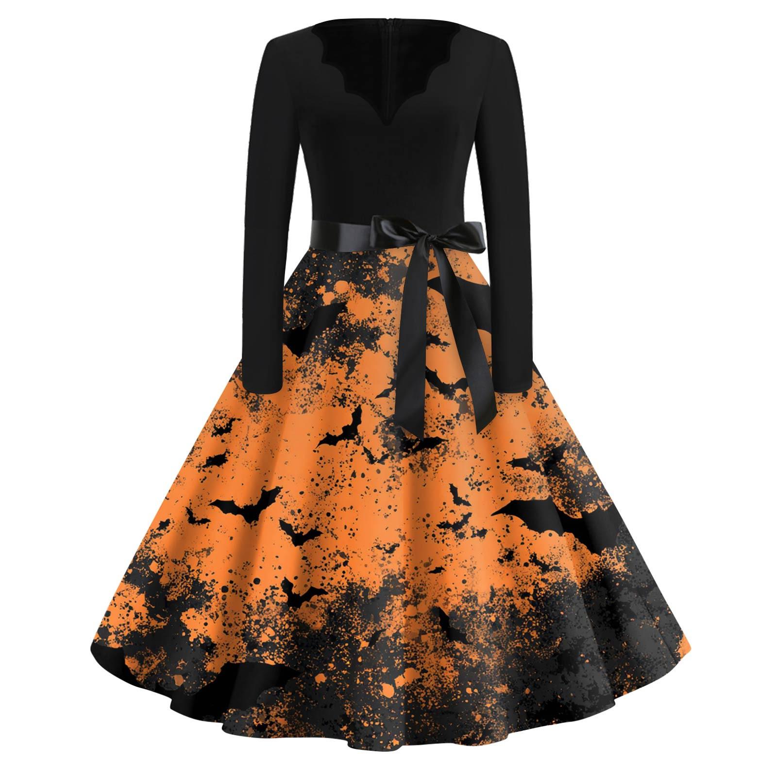 

Женская мода с v-образным вырезом, повседневные тонкие платья с длинными рукавами и принтом на Хэллоуин L оранжевый