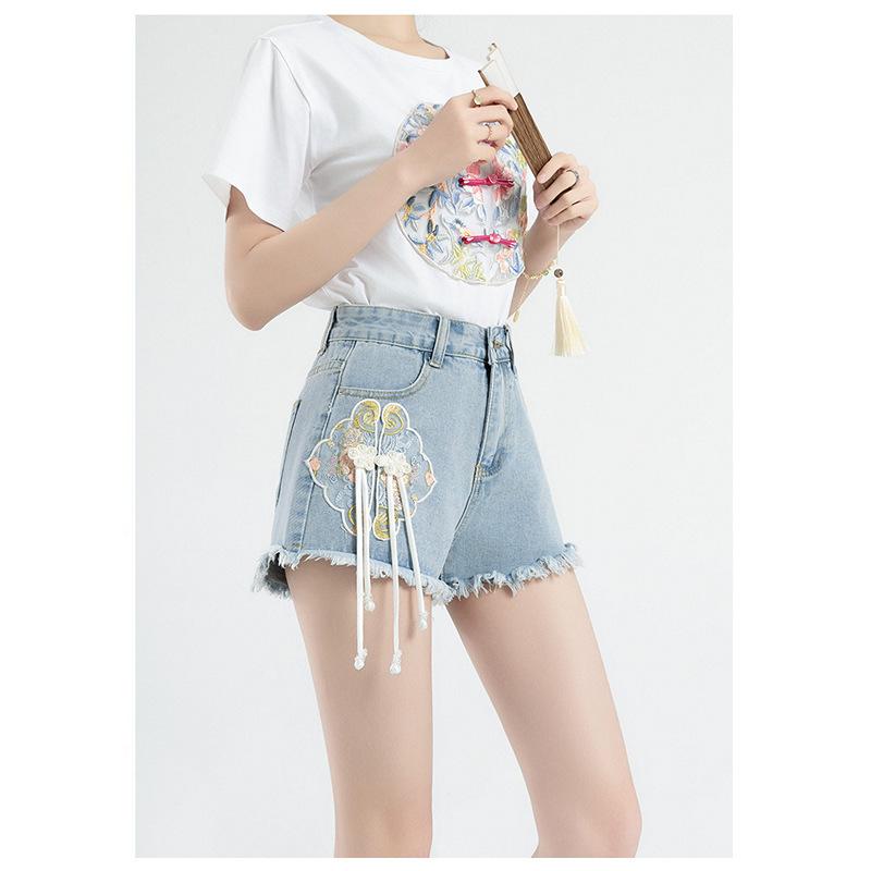 Neuer Chinesischer Stil Nationaler Stil Denim Shorts Damen Sommer Mode Personalisierte Stickerei Nationale Mode A-Linie Hotpants