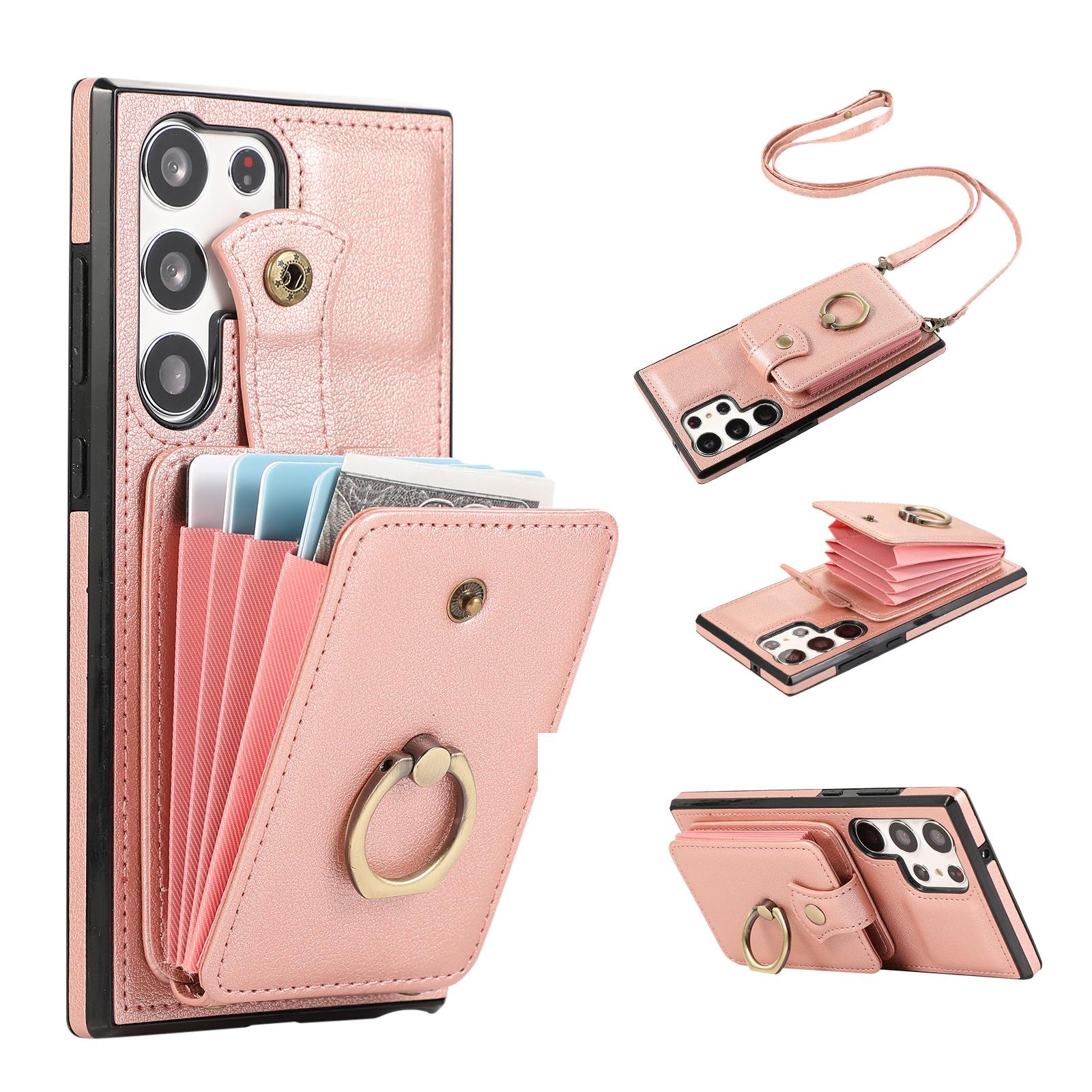 

Чехол для Samsung Galaxy S25 Ultra с держателем для карт, кольцом-подставкой, из ТПУ и ПУ кожи, чехол для телефона с длинным ремешком Rose Gold