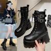 Punk Women Boots Belt Buckle Design Gothic Boots Fashion Mid-Calf Booties Quality Women'S Leather Boots Motorcycle Platform Boot