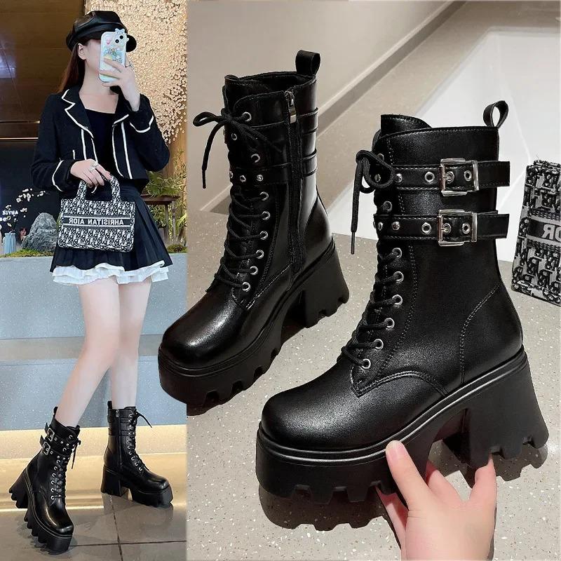Punk Women Boots Belt Buckle Design Gothic Boots Fashion Mid-Calf Booties Quality Women'S Leather Boots Motorcycle Platform Boot