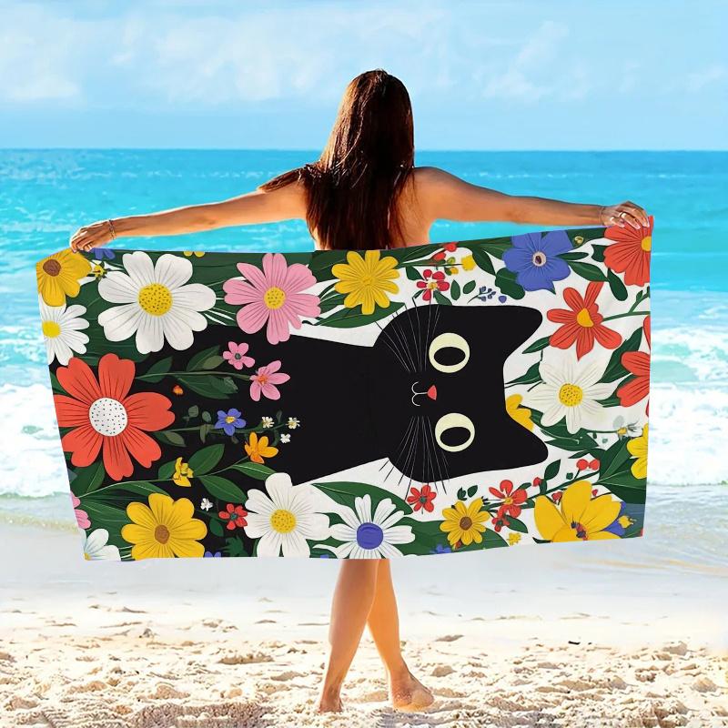 Floral Cat Beach Towel Black Cat Surrounded by Colorful Flowers Bath Towels Soft Microfiber Fabric Unisex Oversized Towel for