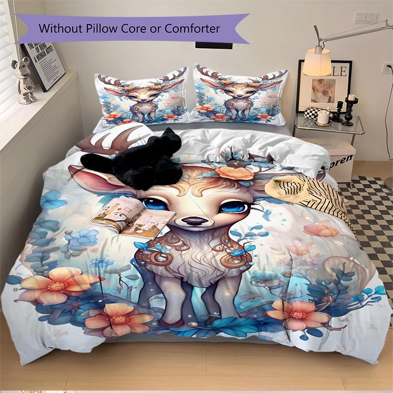 3pcs Pretty Reindeer Art Printed Quilt Set - Includes 1 Quilt Cover and 2 Pillowcases, Machine Washable - Suitable for All Seasons.M088