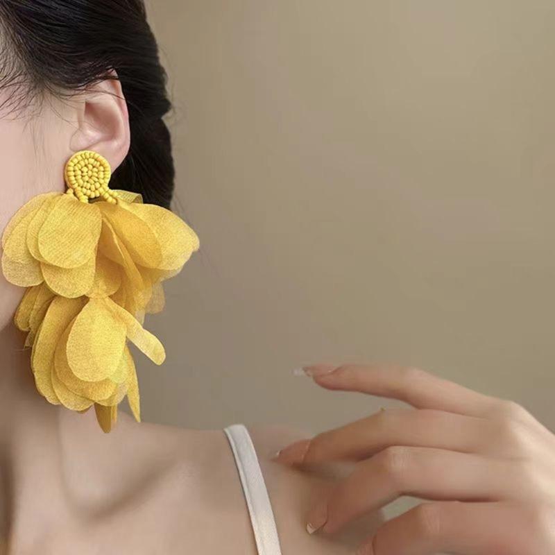 Elegant Chiffon Floral Earrings Colorful Beaded Piercing Dangle Earrings Retro Fashion Accessories for Women Girls