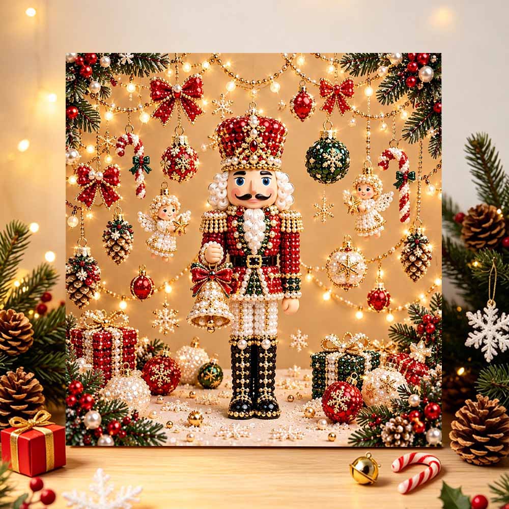 DIY Framed Pearl Painting Kit with Nutcracker Christmas Decor 5D Sparkling Bead Art Canvas Ready to Display Home Decor Gift Idea Elegant Festive Set