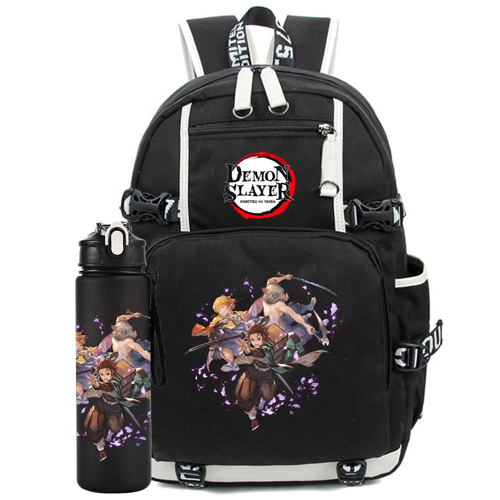 2Pcs/set Anime Demon Slayer Printed Backpack with 750Ml Water Bottler for Teenager Student Girl Boy Large Capacity Waterproof Bookbag Gift