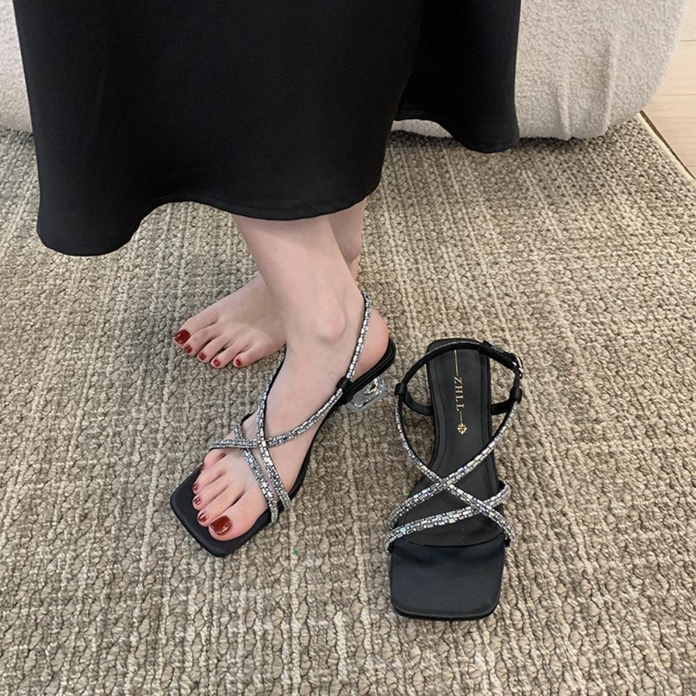 High Heeled Sandals Women Summer Straight Cut with Rhinestones Transparent Womens Sandals Crystal Heel Plus Size Women's Shoes