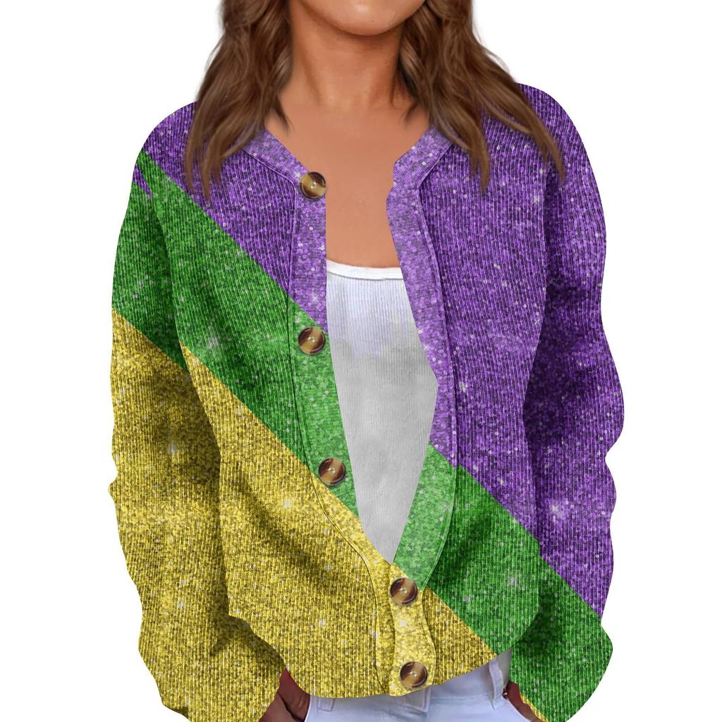 Langärmlige Strickjacke mit Knopfleiste und Karnevals-Print für Damen