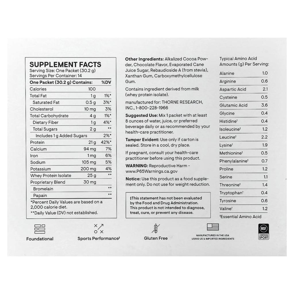 Thorne Whey Protein Isolate, Chocolate, 14 Packets, 30.2g (1.06oz) Each