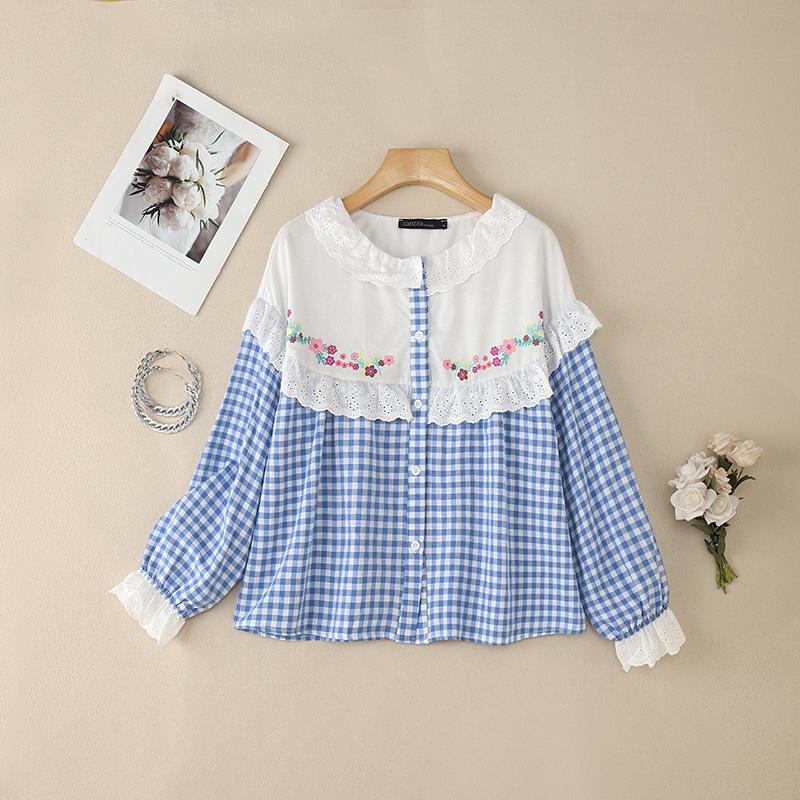 ZANZEA Women Lace Patchwork Casual Long Sleeve Grid Print Blouse