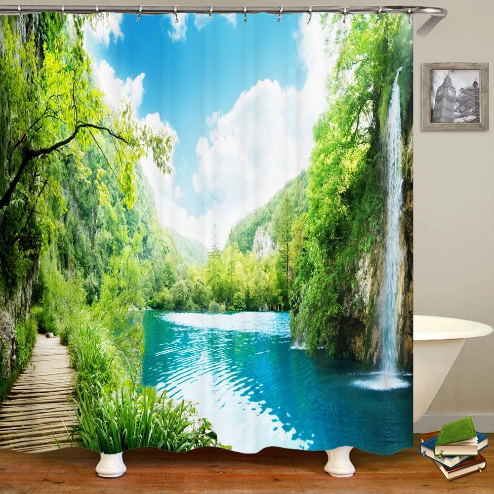 Bathroom Shower Curtain 3D Nature Forest Landscape Print Polyester Waterproof Curtain Home Decoration Curtain with Hook 180x200