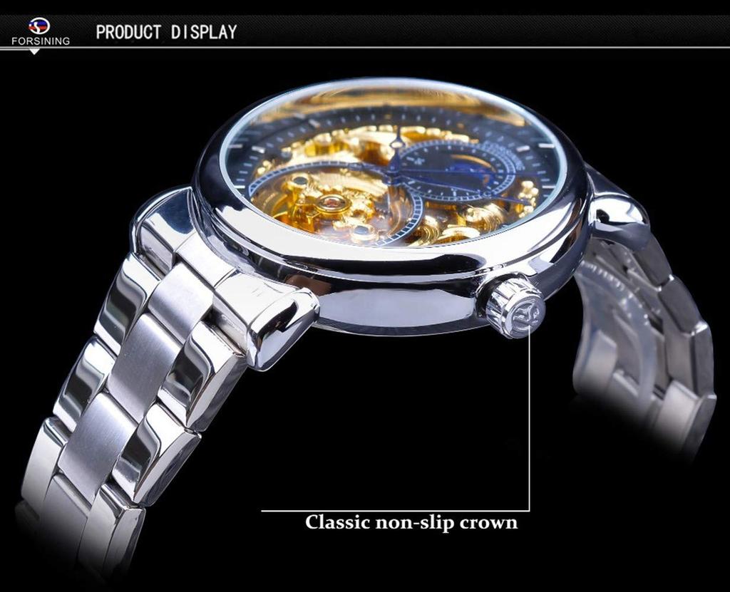 FORTINING Herren Automatische Analoguhr, Mode Skelett Tourbillon, Wasserdicht Mondphase Leder Mechanische Uhr (Silber & Schwarz & Stahlstreifen)