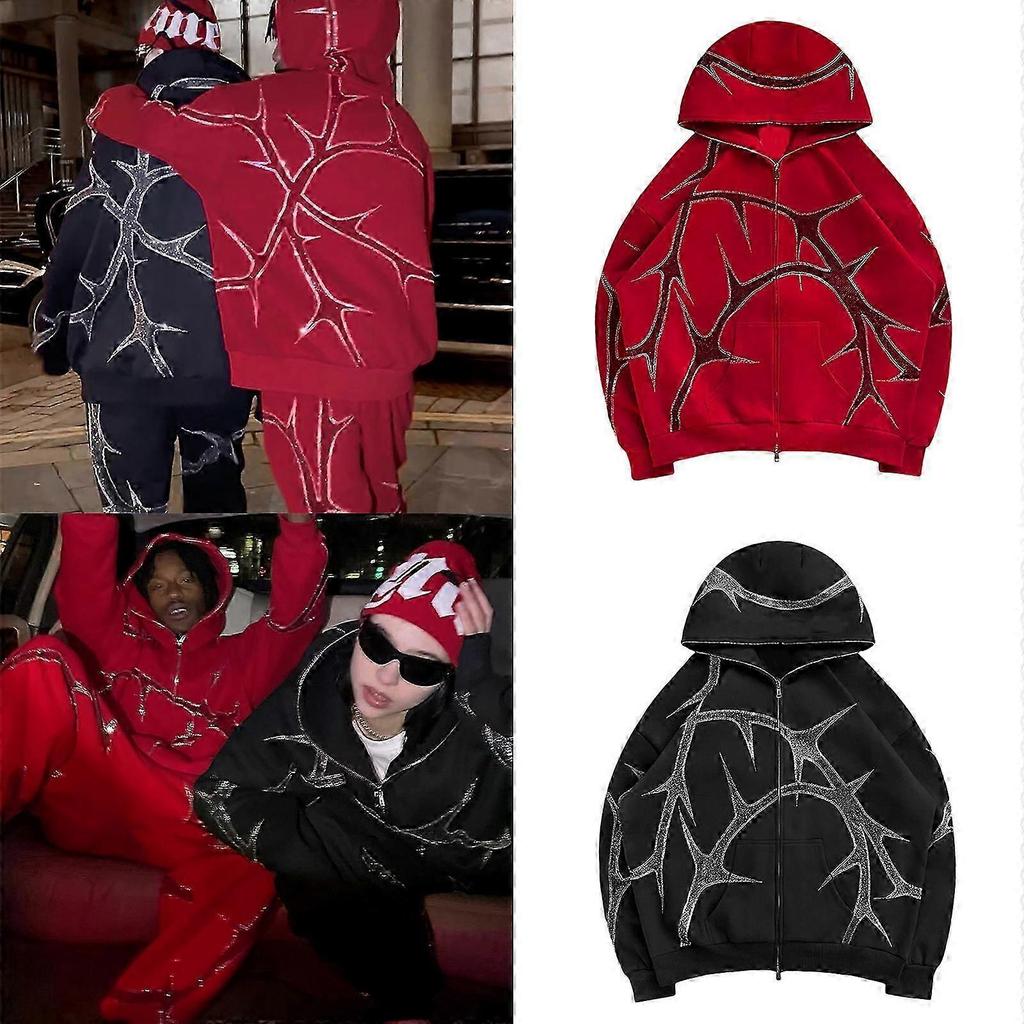 Rhinestone Graphics Zip Up Hoodie for Women Men Oversized Sweatshirt Jackets Aesthetic Pullover Y2k Streetwear Gifts  Black L