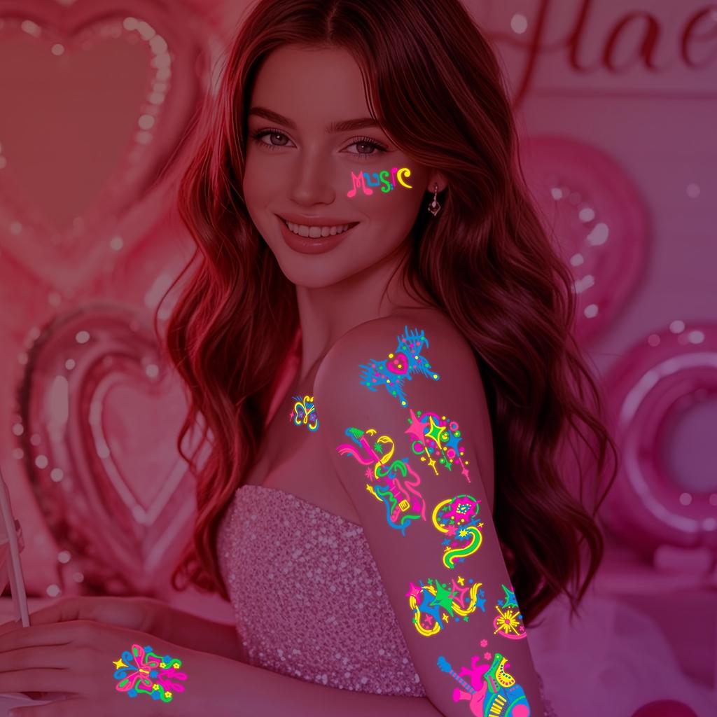 Butterfly Designs 6sheets/set Fake Tattoos Waterproof Face Flash Temporary Tattoo Stickers Blacklight Body And Glow-in-the-dark For  Home