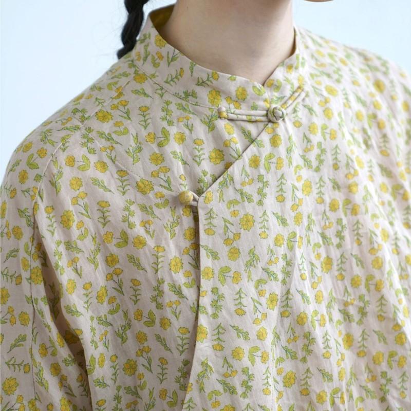 Johnature Damen Hemden im chinesischen Stil Stehkragen Siebenärmel Druck Blumen Blusen Sommer Knopf Vintage Hemden