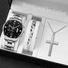 3PCS Men's Watch Set Business Trend Classic Round Dial Quartz Watch Bracelet Necklace Set Perfect Gift for Friends or Dad