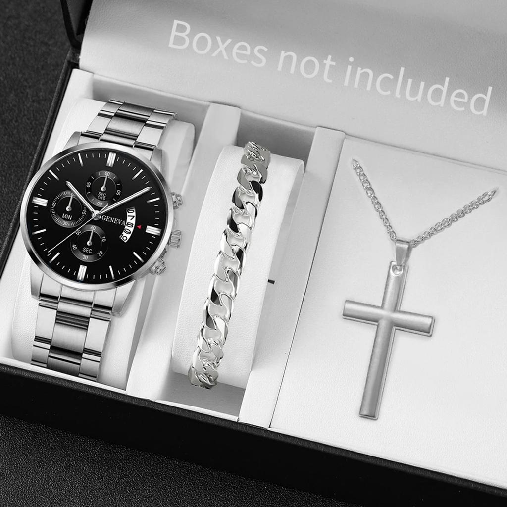 3PCS Men's Watch Set Business Trend Classic Round Dial Quartz Watch Bracelet Necklace Set Perfect Gift for Friends or Dad