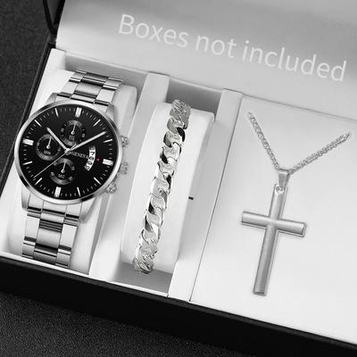 3PCS Men's Watch Set Business Trend Classic Round Dial Quartz Watch Bracelet Necklace Set Perfect Gift for Friends or Dad