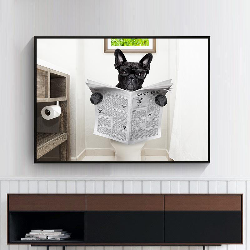 Dog Reading Newspaper Toilet Wall Art Canvas Prints Funny Dog Painting Wall Picture Home Bathroom Decor Dogs Lover Gift