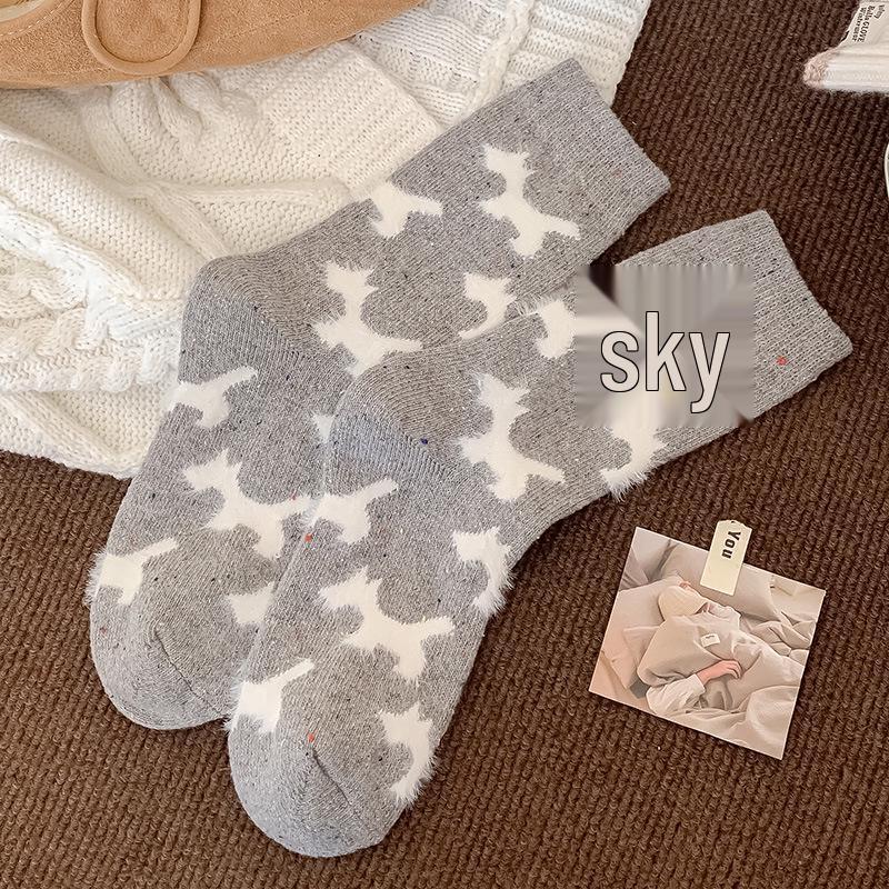 Women's Mid-Calf Fair Isle Pattern Wool Socks - Cute, Warm, and Thickened for Autumn and Winter, with Small Dog Design.