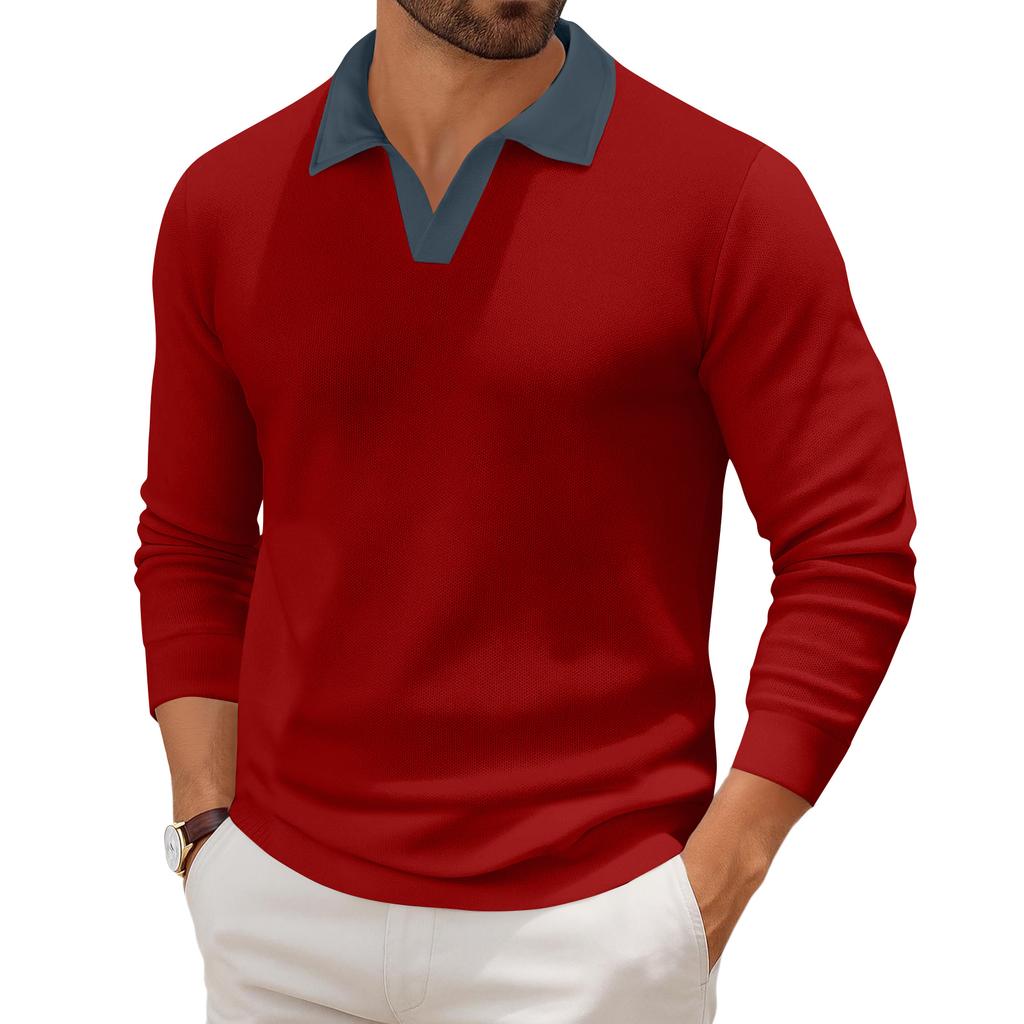 Men's Casual Color-Block Collared Long-Sleeve Knit Base Layer Top