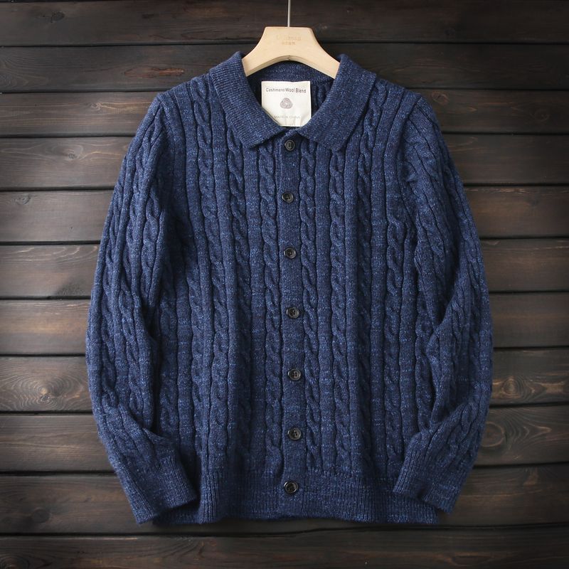 Classic Old Money Style Soft Fleece/Cotton Foreign Trade Tail Goods Men's Autumn and Winter Knit Cardigan Lapel Sweater Outerwear