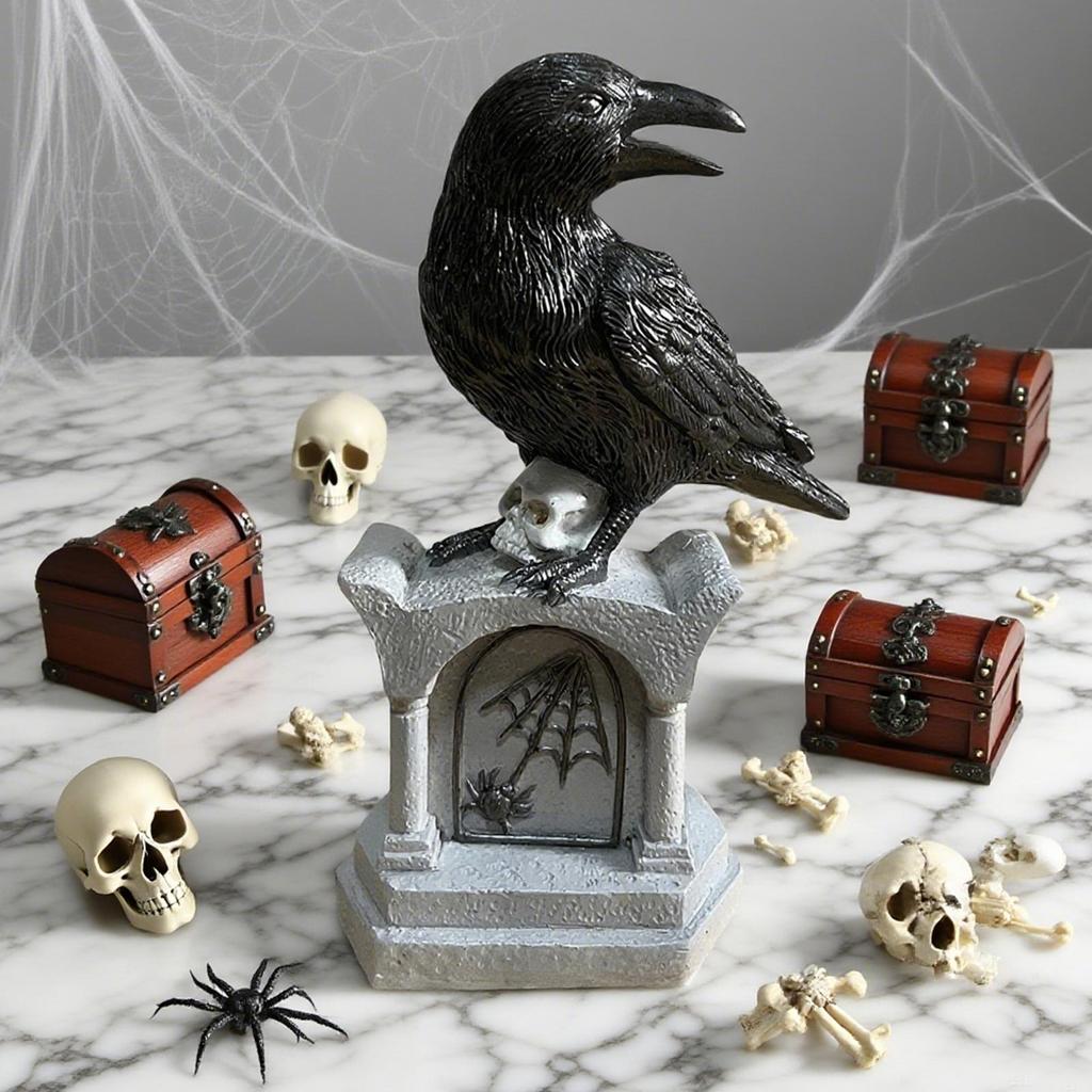 Halloween Crow Statue Crow on Tombstone Halloween Decorations Decorative Bird Sculpture Figures Table Ornaments for Entryway