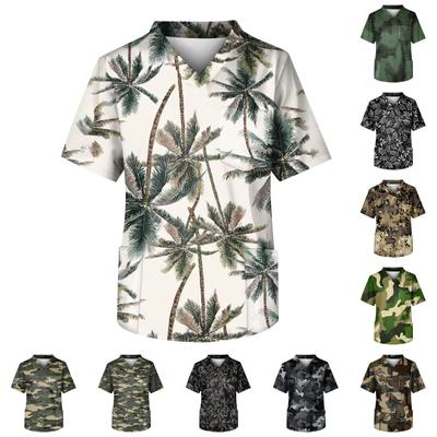 Men's Printing Short Sleeve V-neck Working Blouse Chest Pocket Carer Top