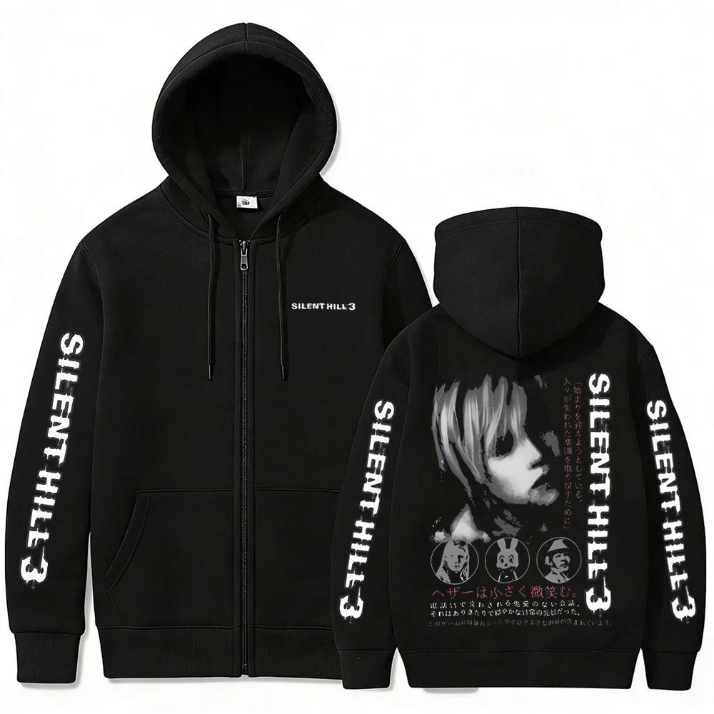 Horror Game Silent Hill Zipper Hoodie Men's Fashion Casual Vintage Zip Up Jacket Unisex Gothic Rock Oversized Zip Up Sweatshirt