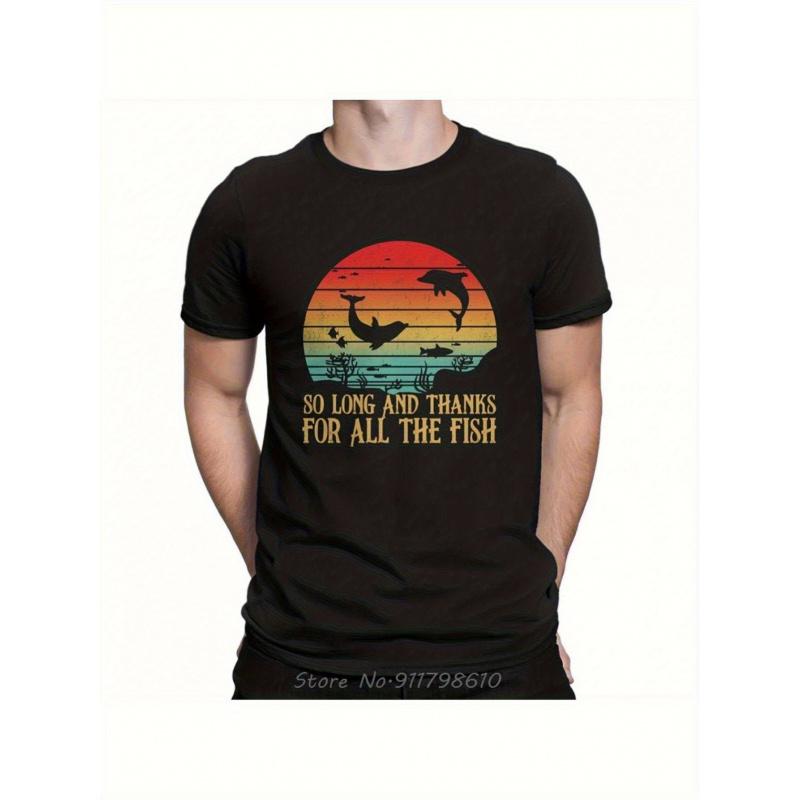 Men's Vintage "Goodbye, and Thanks for All the Fish" T-Shirt - Hitchhiker's Guide To the Galaxy Movie T-Shirt, Casual Cotton Short Sleeve, Black,