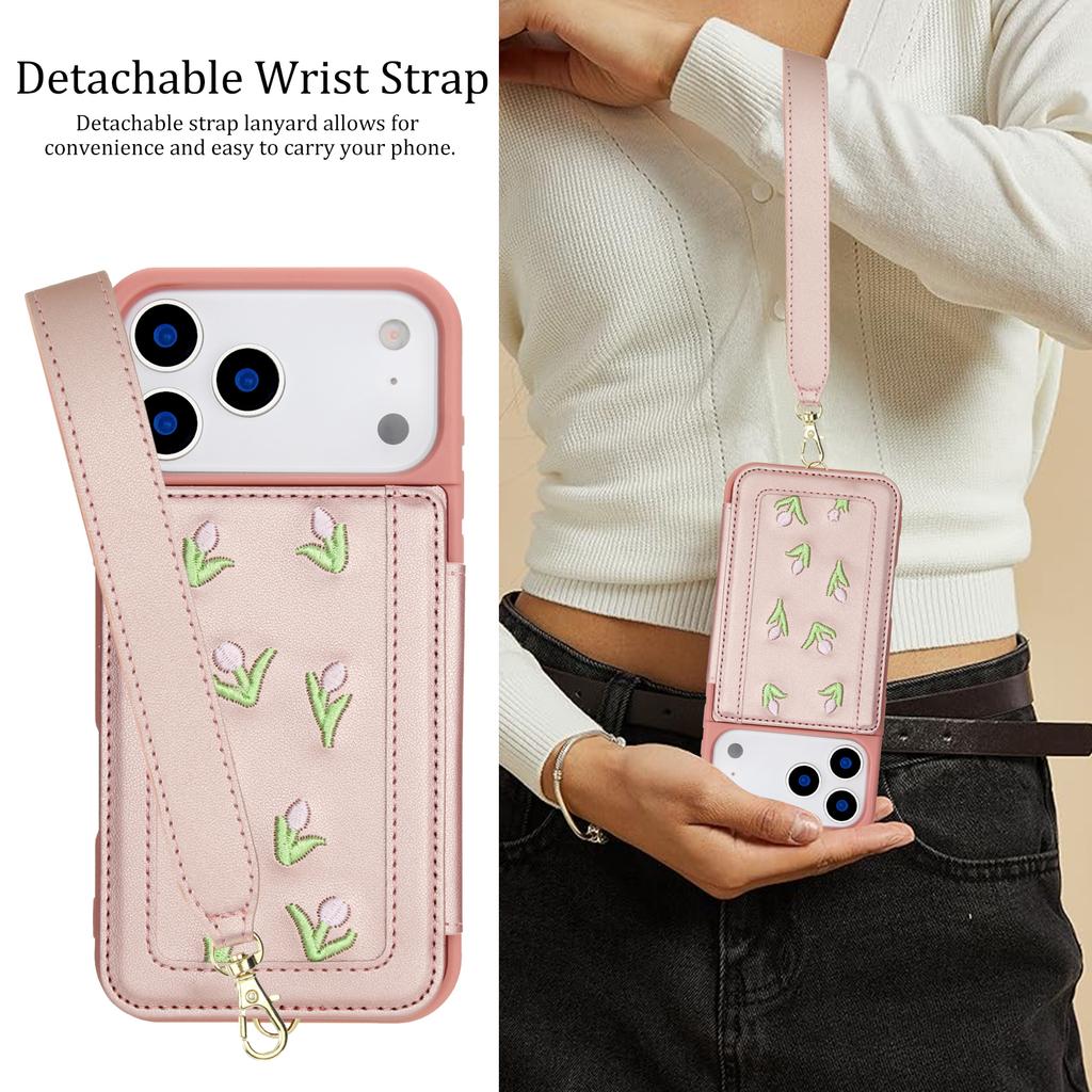Crossbody Zipper Cards Solt Wallet Embroidery Leather Case for iPhone 17 Pro Max 16 Plus 15 14 13 12 Book Stand Skin Feel Cover