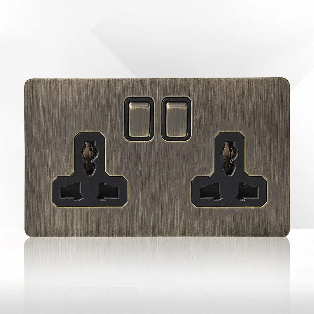 Retro Eu Metal Panel Wall Toggle Light Switch Socket,Bronzed Antique Stainless Steel German 16A Socket with USB Phone Charging