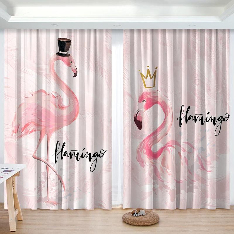 Nordic Ins Simple Flamingo Green Plant Living Room High Blackout Curtain Princess Chidren's Room Bay Window 2 Pieces Shading