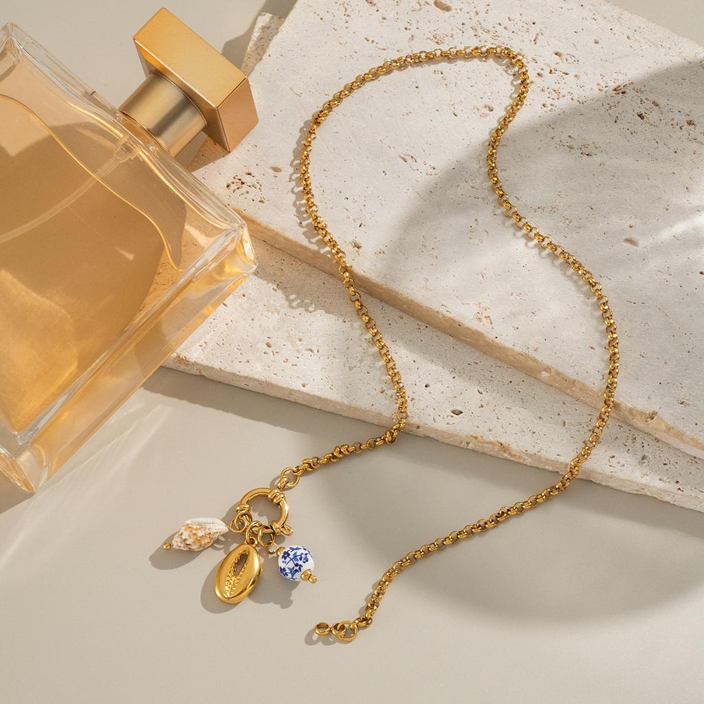 Charms Stainless Steel Conch Seashell Ceramic Beads Pendant Women's Necklace Fashion Summer Jewelry 18K Gold Plated Gift