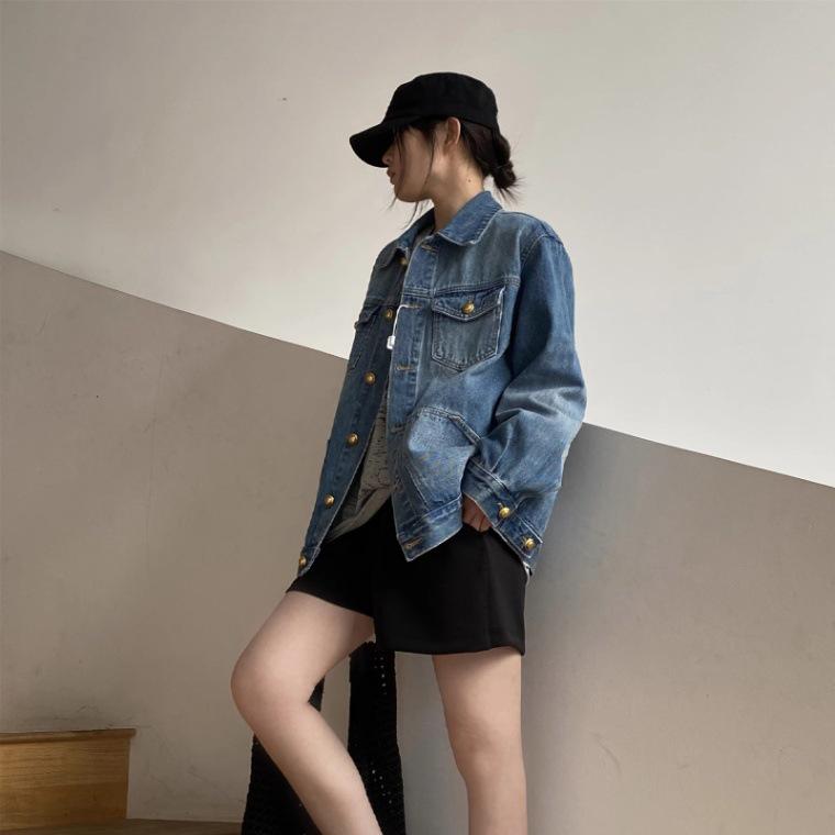 Hong Kong-Style Retro Heavy-Duty Washed Denim Jacket for Women - 2025 Spring/Autumn Collection, Loose Fit & Trendy