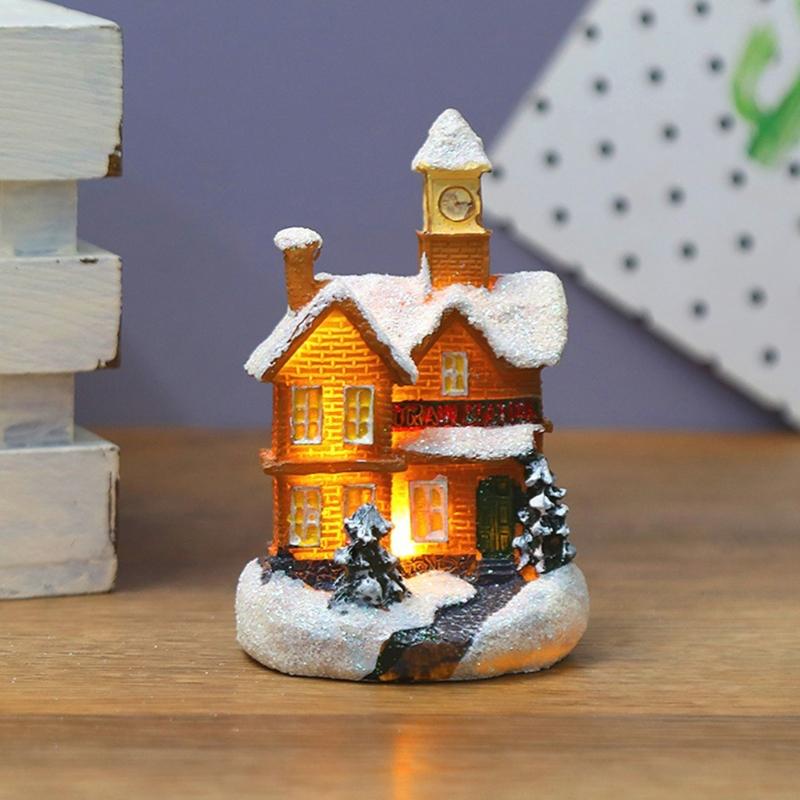 62KD Christmas LED Lighted Miniature Snow House Resin Ornament Village Scene Battery Operated Luminous Figurine Xmas Decor