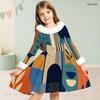 Girls Furry Collar Long Sleeve Patchwork Plaid Printed A Line Flared Dress