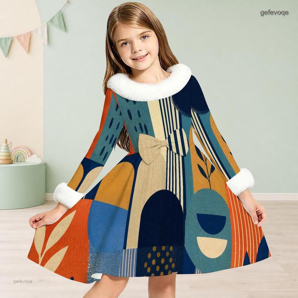 Girls Furry Collar Long Sleeve Patchwork Plaid Printed A Line Flared Dress