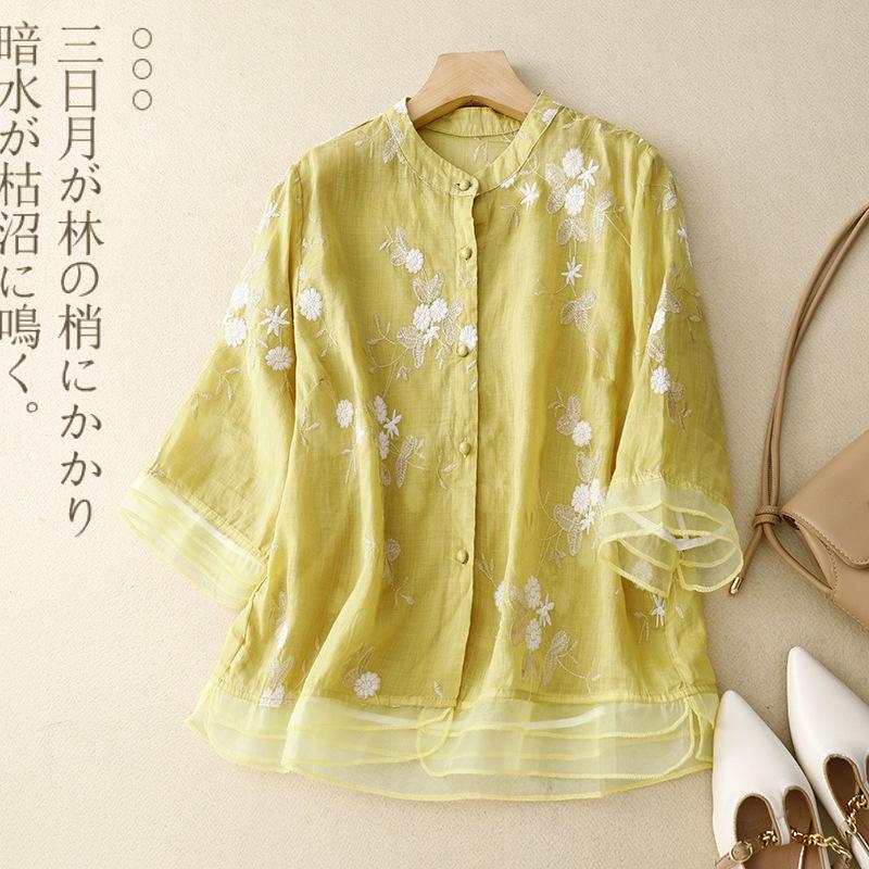 Damen Baumwolle Leinen Floral Shirts Sommer 2024 Neue Stickerei Chinesischen Stil Blusen Lose Bluse Top Halbe Hülse Kleidung