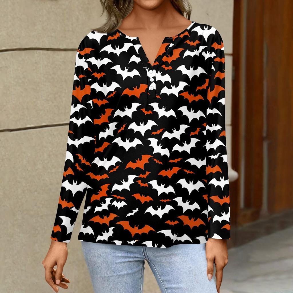 Dámské tričko s potiskem Halloweenu, knoflíky, dlouhý rukáv, denní, víkendová móda, základní, výstřih do V, běžný top