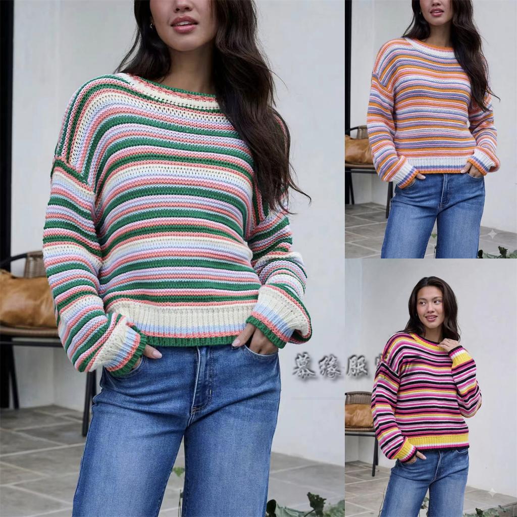 Damen Gestrickter Pullover mit Streifen Rundhals Langarm Bunter Häkel-Pullover Top