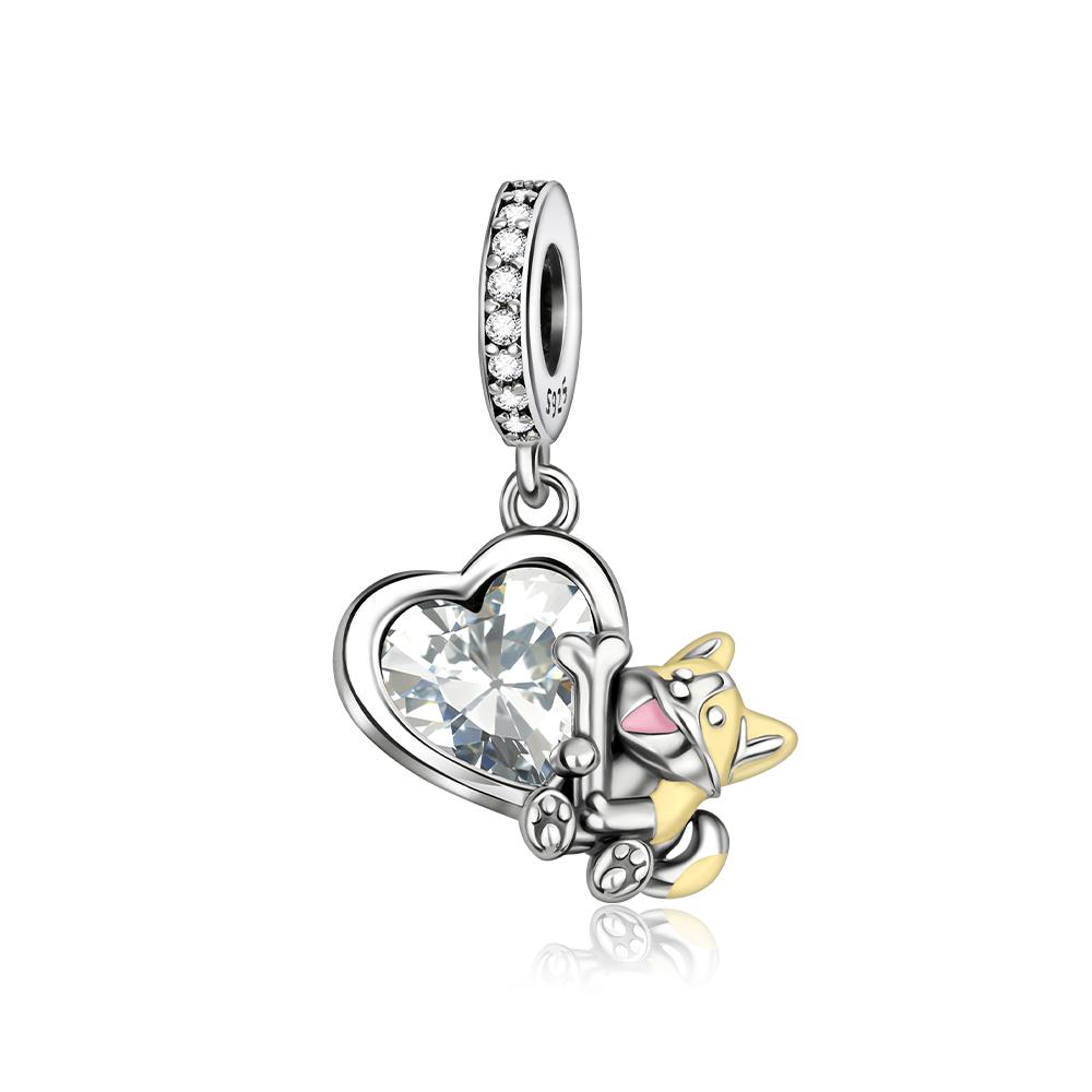 S925 Silver Cute Dog Charms Bead Keychain Animal Puppy Teddy Yorkshire Terrier Crab Paw Whale Rooster Snake Crocodile Jewelry